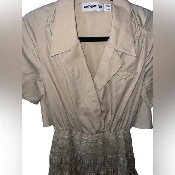 EUC Self-Portrait Shirred Cotton Trench Mini Dress Frosted Almond Tan Size 2 - Picture 6 of 12